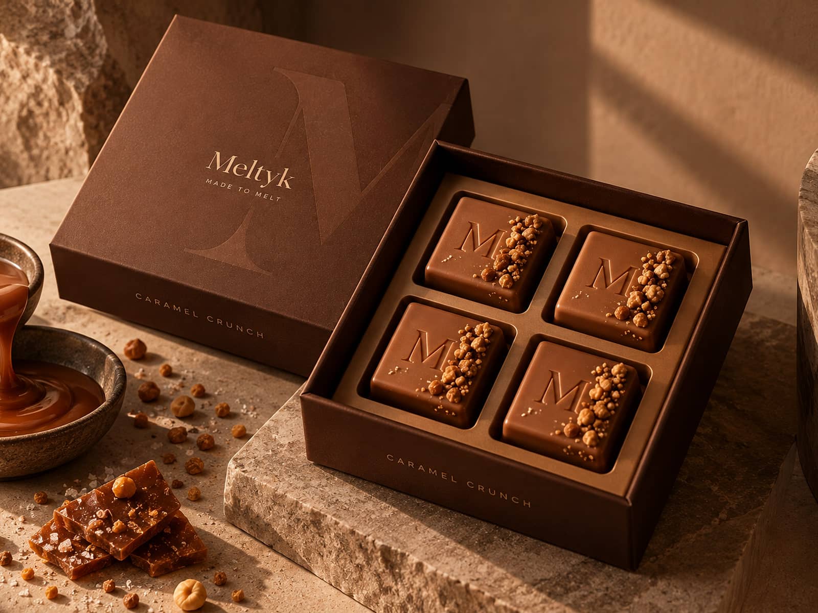 A Meltyk Caramel Crunch Box of 4 open on stone, four M-embossed cubes in a fitted tray