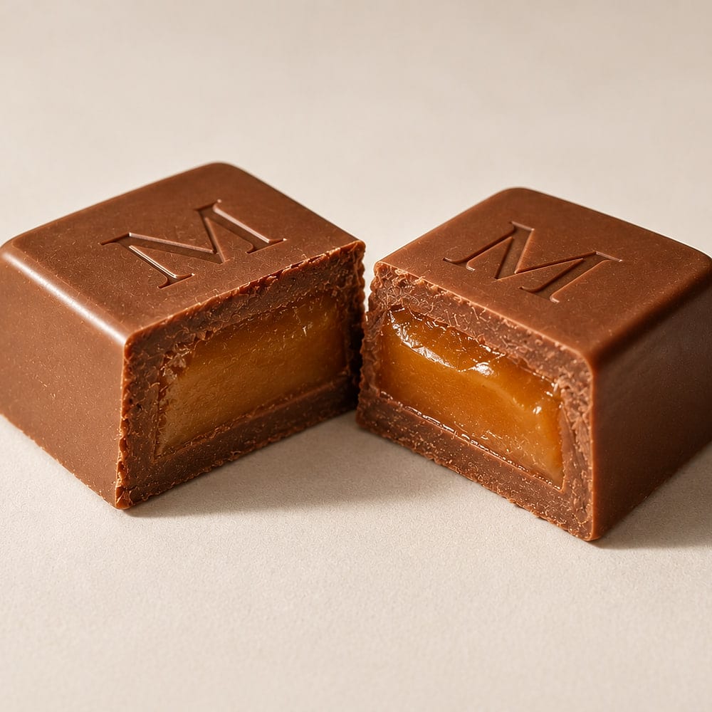 A Meltyk Caramel Crunch cube broken open, its caramel centre embedded in milk chocolate