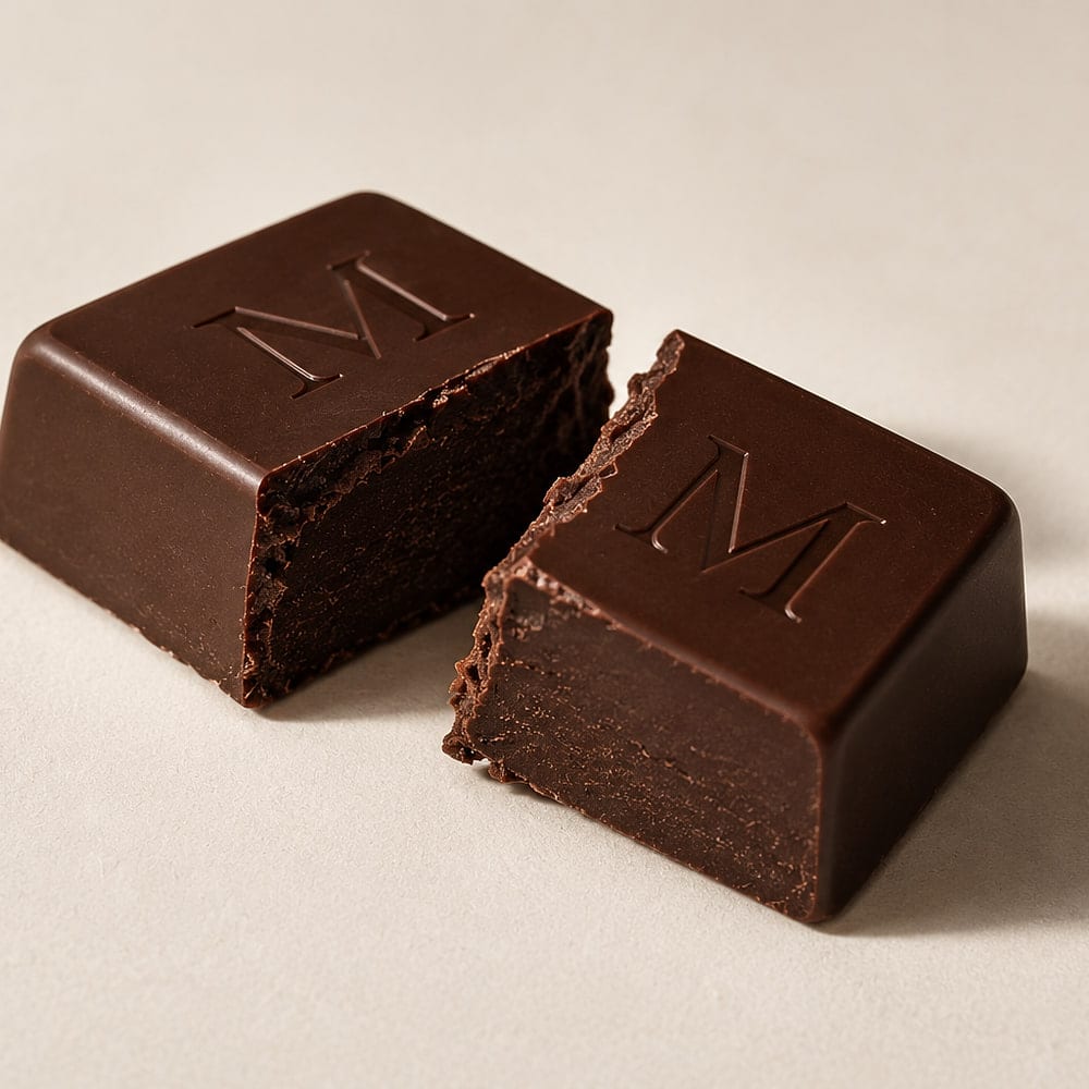 A Meltyk Classic Dark cube broken in two, showing dense dark chocolate through the break