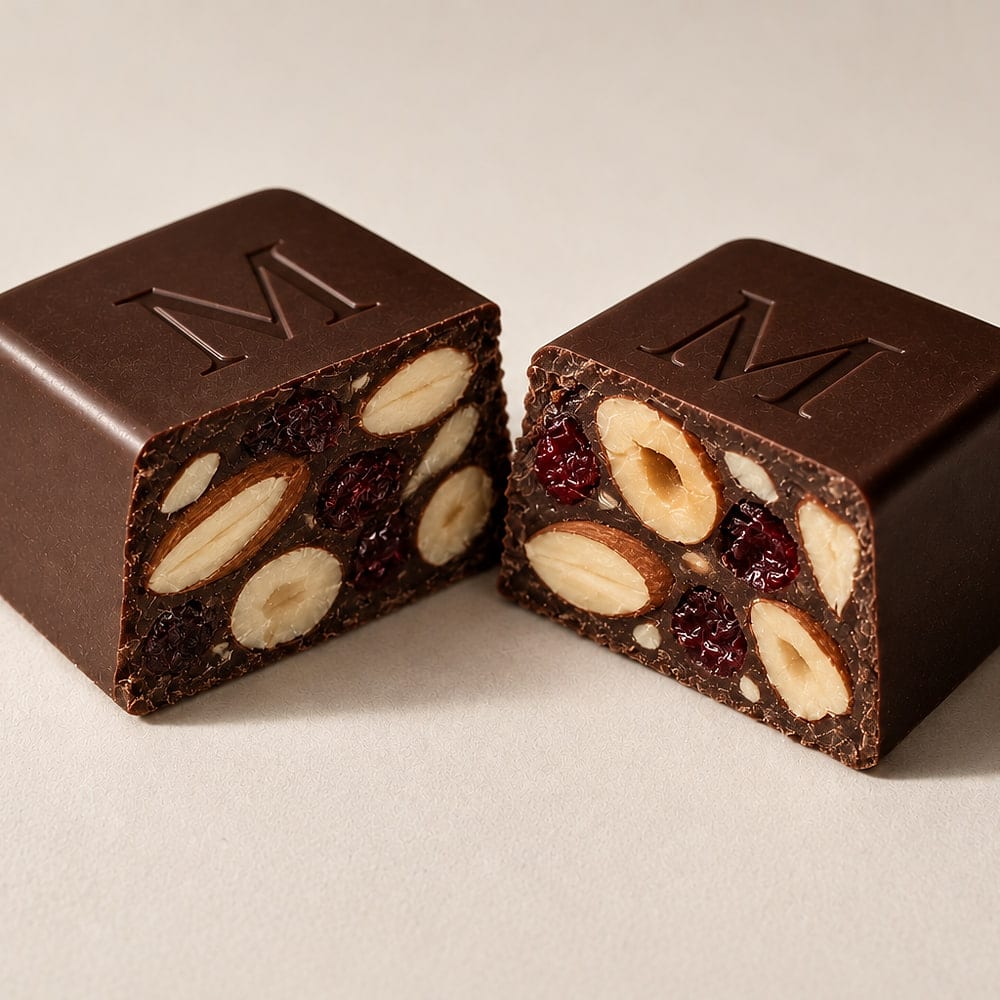 A Fruit & Nut cube broken open, nuts and fruit sliced flush with the break