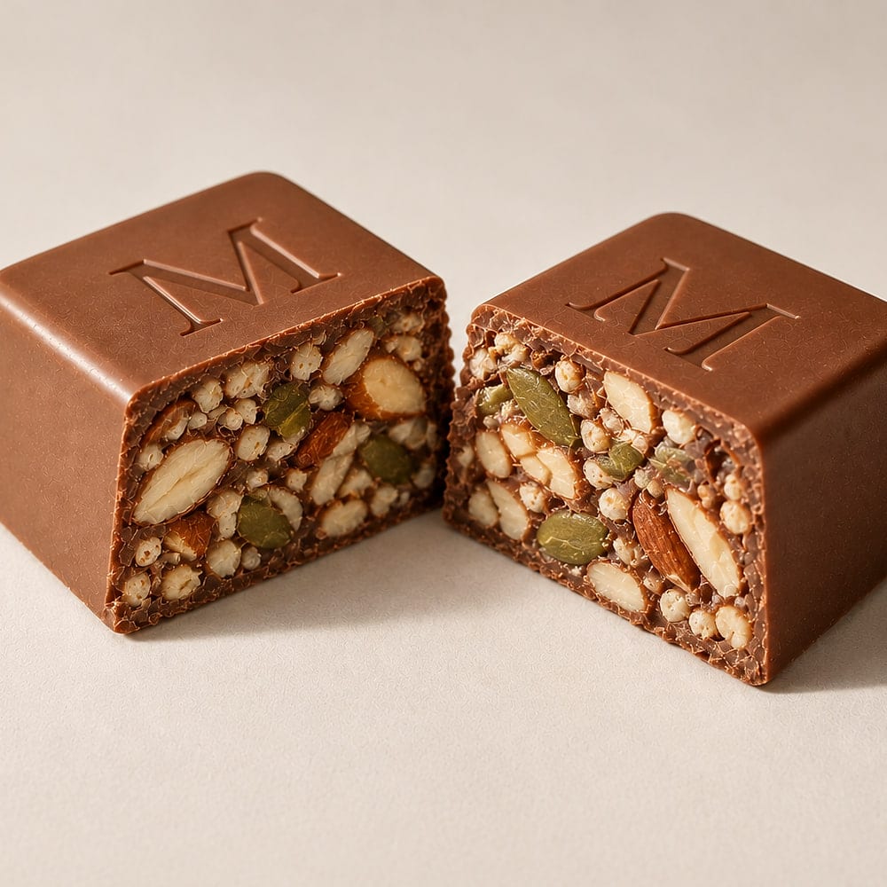 A Meltyk Protein cube broken open, nuts, seeds and puffed grains packed through the chocolate