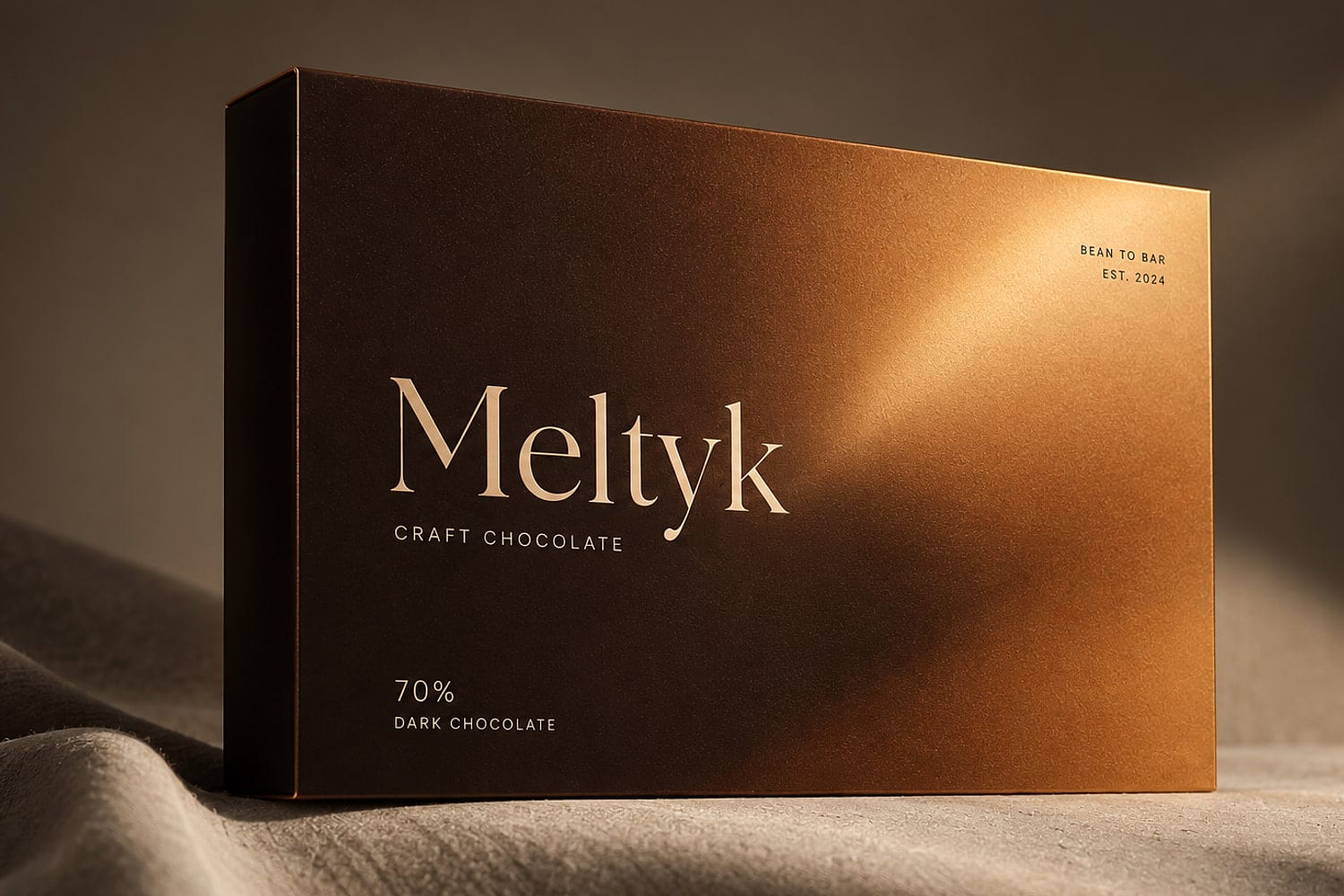 The Meltyk Craft Chocolate Box with bronze light sweeping across its matte lid