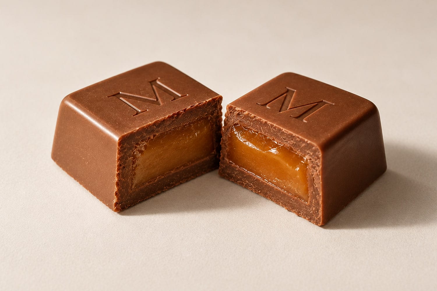 Four Meltyk cubes cut open to show dark chocolate, caramel, fruit and nut, and protein blend
