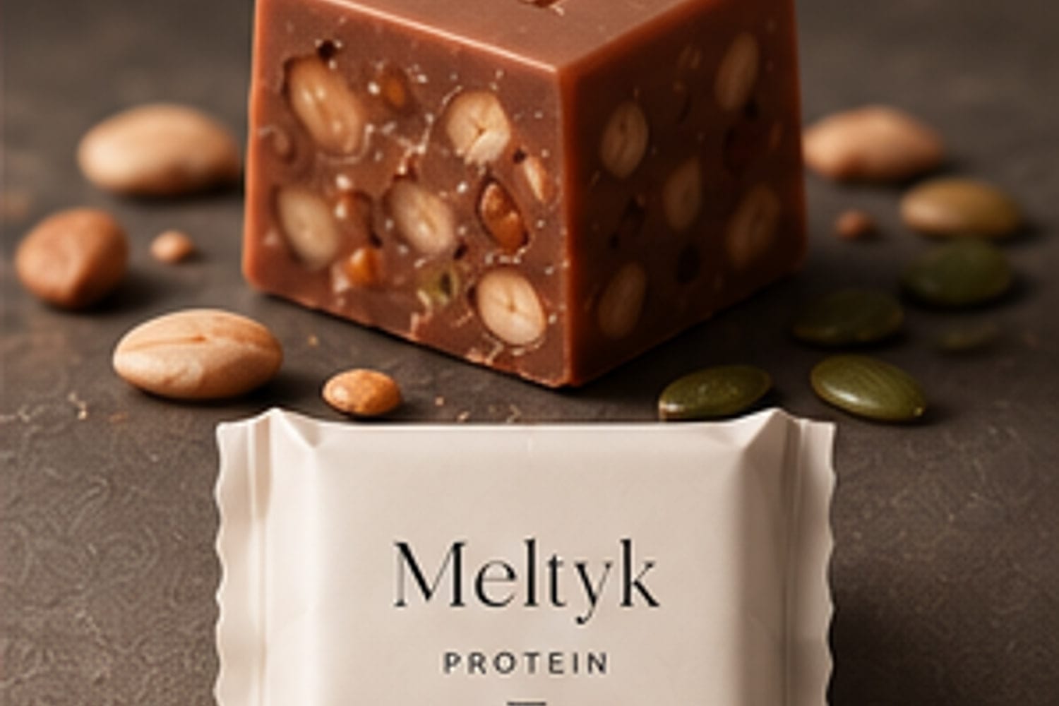 A Meltyk Protein cube packed with nuts and seeds beside its ivory wrapper