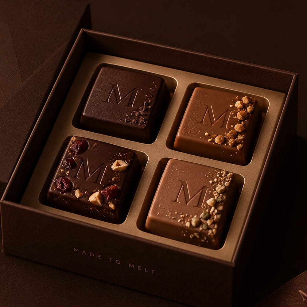 The assorted tray, dark, caramel, fruit and nut, and protein cubes, each embossed with an M