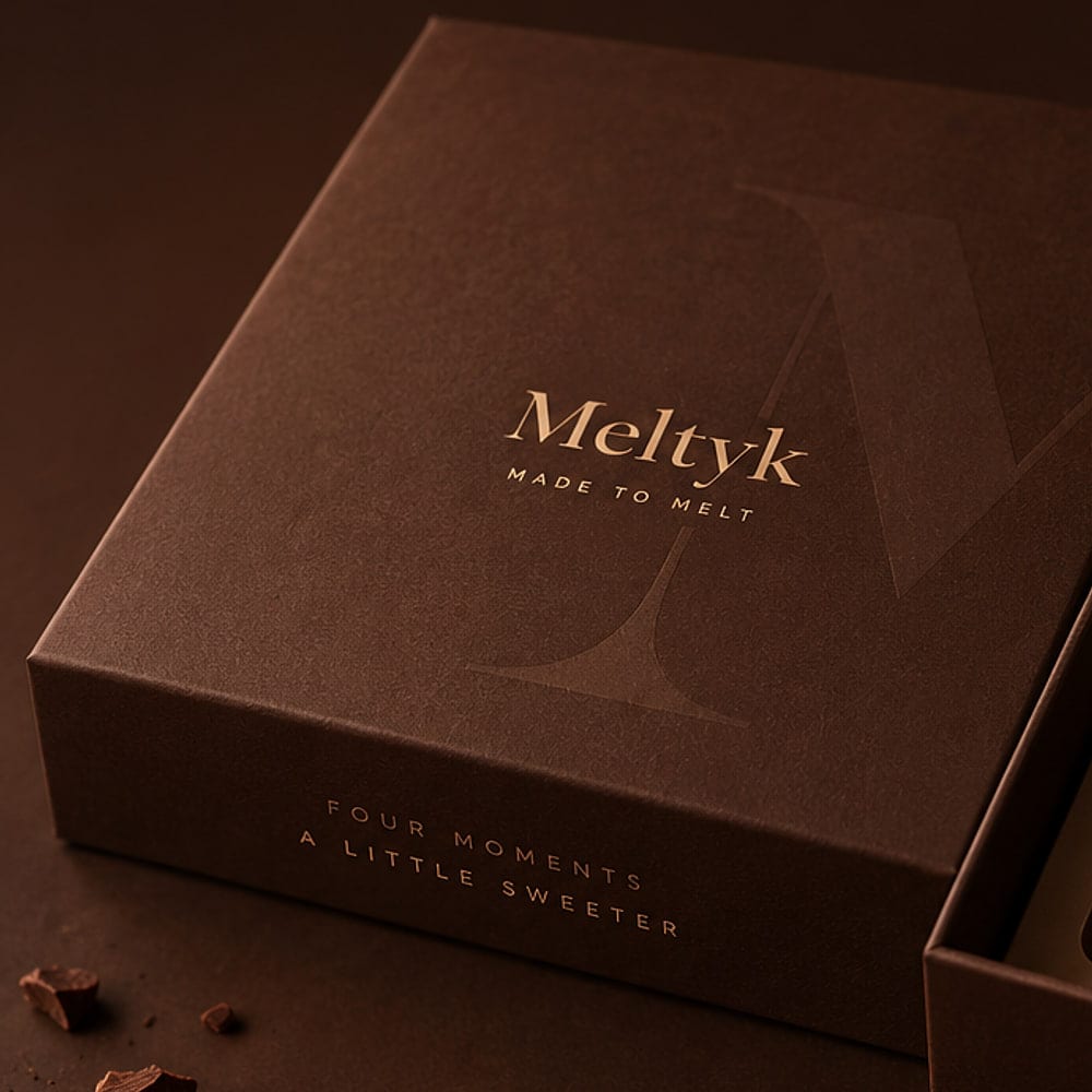 The assorted box lid, foil-blocked Meltyk logotype over a debossed monogram