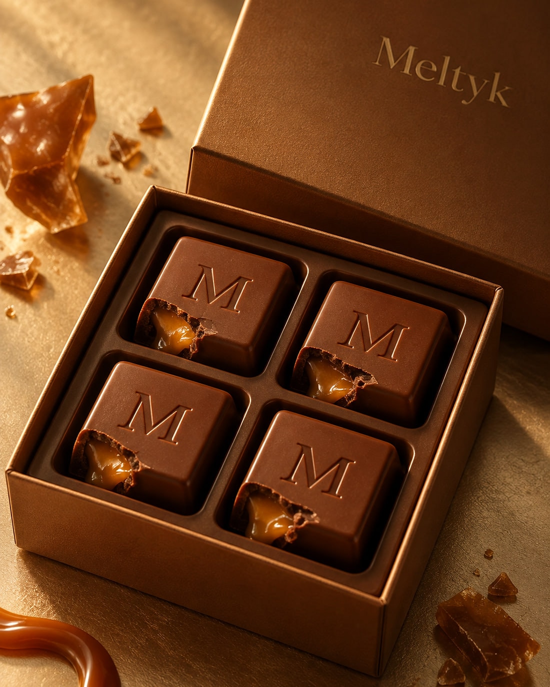 A MELTYK Box of 4 Caramel Crunch, open on four cubes with caramel and hazelnut crunch
