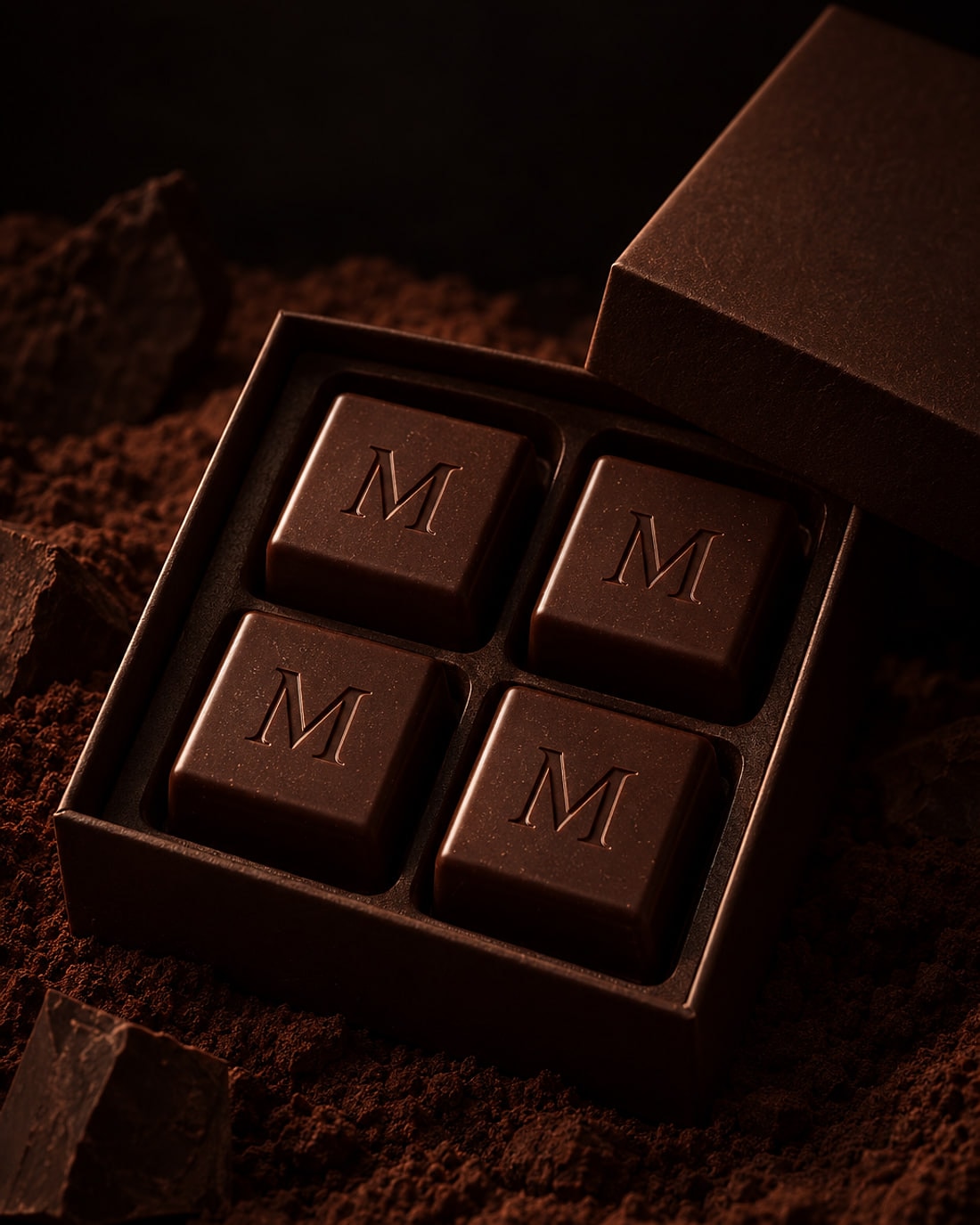 A MELTYK Box of 4 Classic Dark, open on four M-embossed dark chocolate cubes