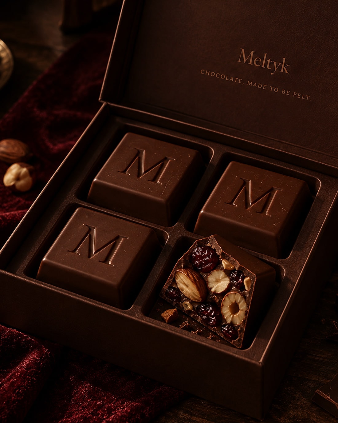 A MELTYK Box of 4 Fruit & Nut, open on four cubes studded with nuts and dried fruit