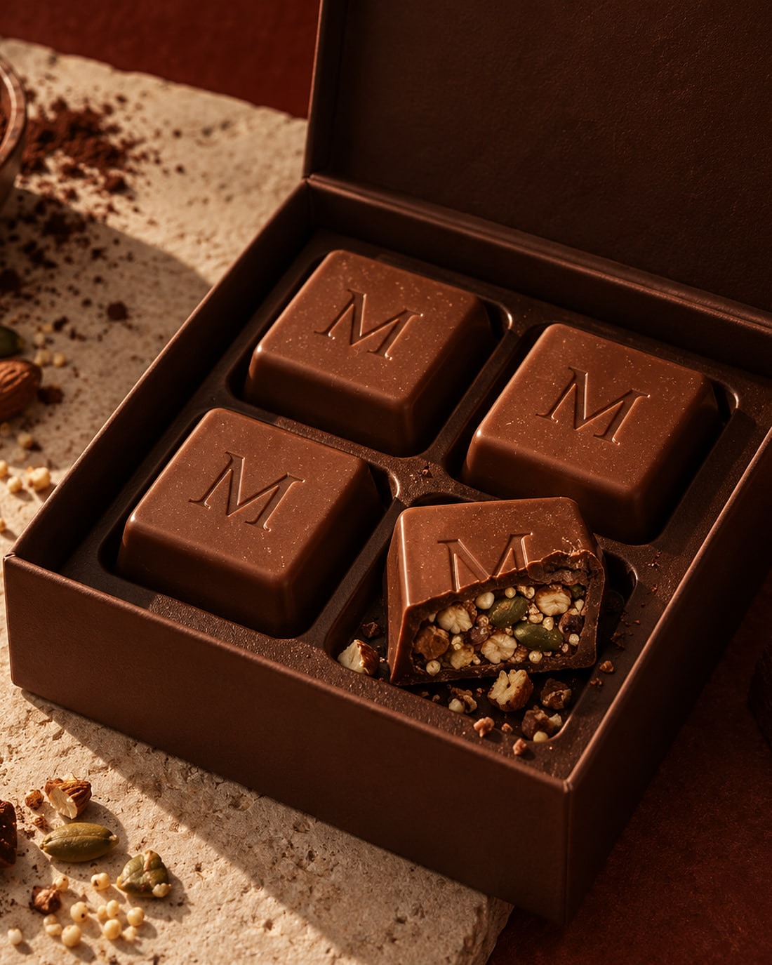 A MELTYK Box of 4 Protein, open on four cubes with seeds and puffed grains