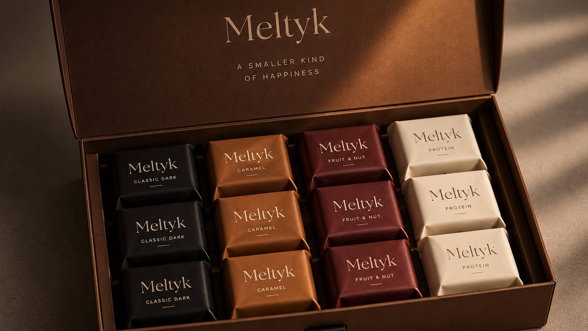 A MELTYK box open on wrapped cubes in their four flavour colours