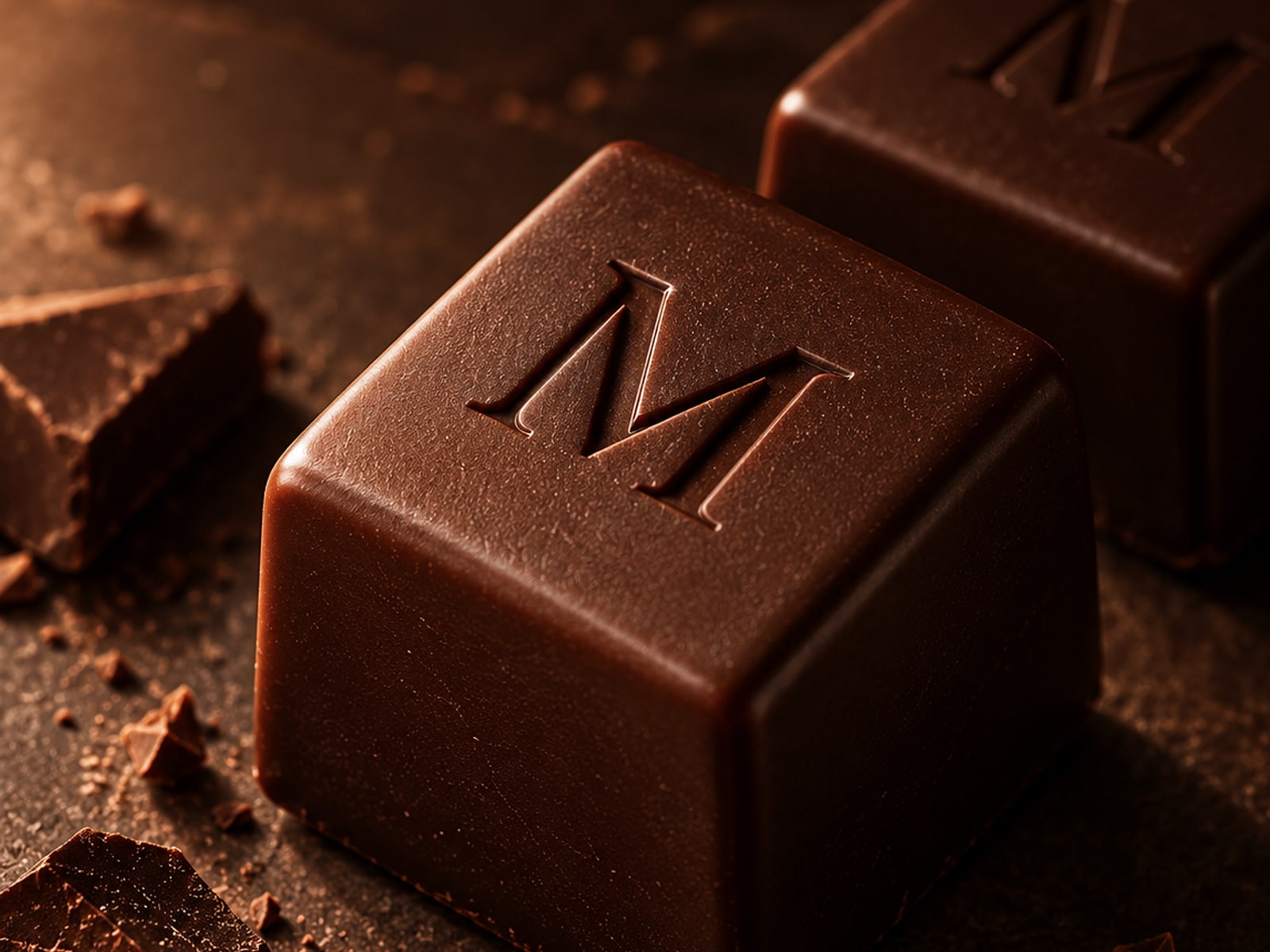 A MELTYK cube in raking light, the embossed M cut into its top face, chocolate shards scattered around it