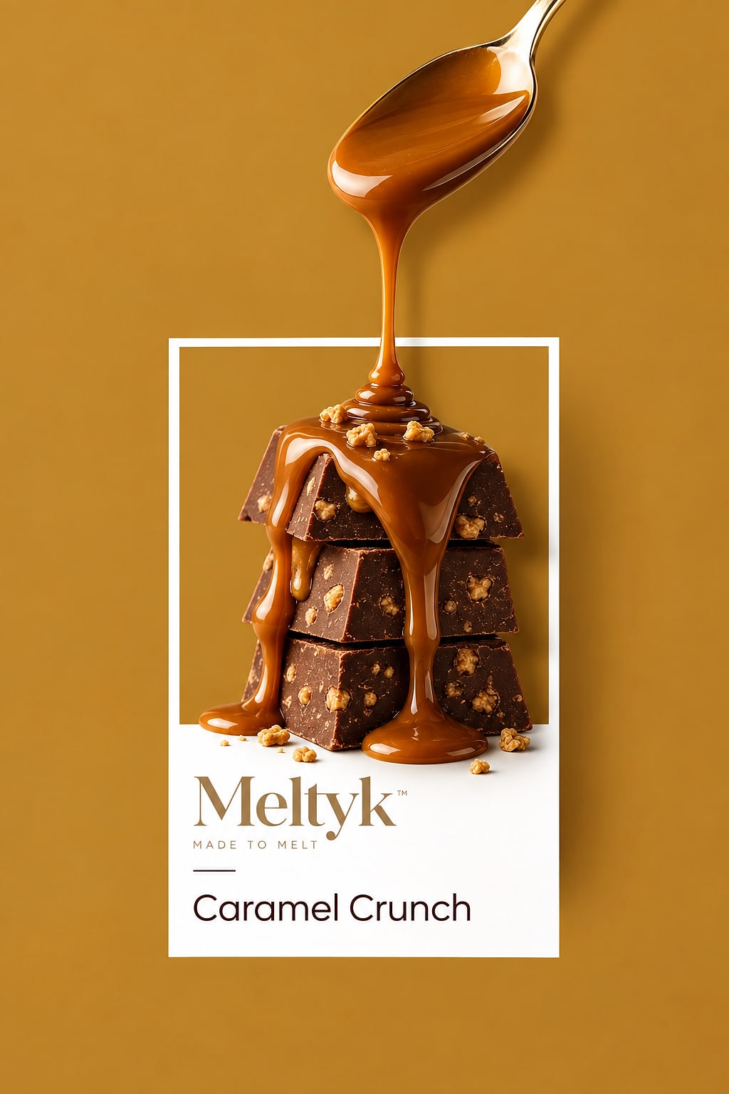 Meltyk Caramel Crunch poster, caramel chocolate under a pour of melted caramel