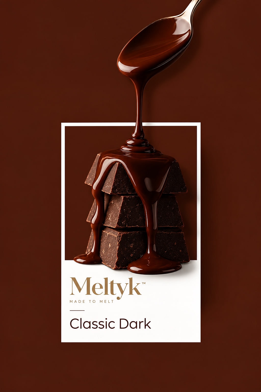 Meltyk Classic Dark poster, dark chocolate squares under a pour of melted chocolate