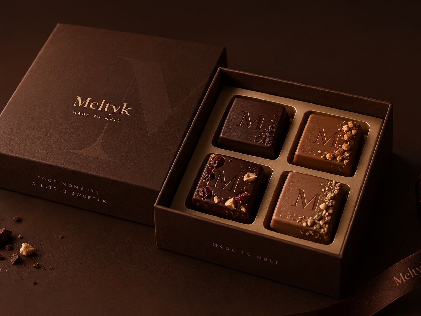 The Meltyk assorted Box of 4 open beside its lid, one cube of each flavour in a fitted tray