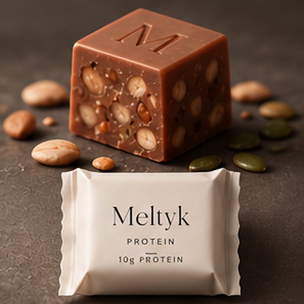 A Protein cube with its embossed M, beside the ivory wrapper